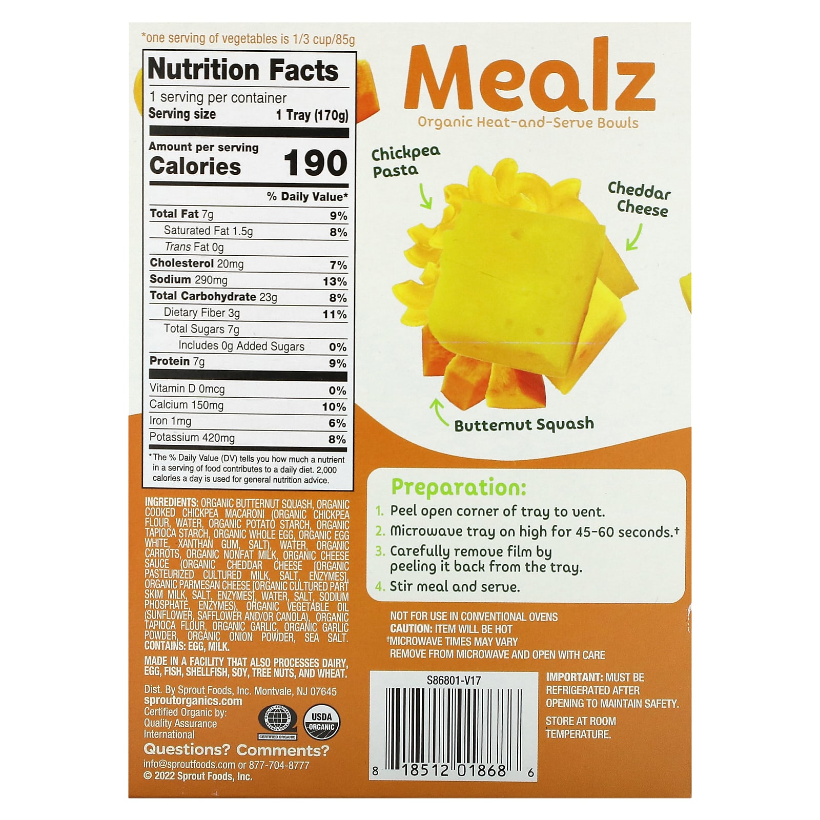 Sprout Organics, Mealz, Organic HeatandServe Bowls, Chickpea Mac & Cheese, 6 oz (170 g)