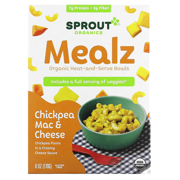 Sprout Organics, Mealz（ミールズ）、オーガニックヒートアンドサーブボウルズ、ヒヨコマメ マカロニ＆チーズ、170g（6オンス）