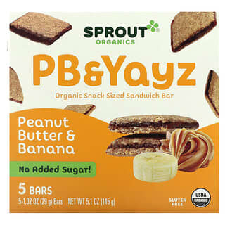 Sprout Organics, PB & Yayz, органический сэндвич-батончик для снеков, арахисовое масло и банан, 5 батончиков, 29 г (1,02 унции)