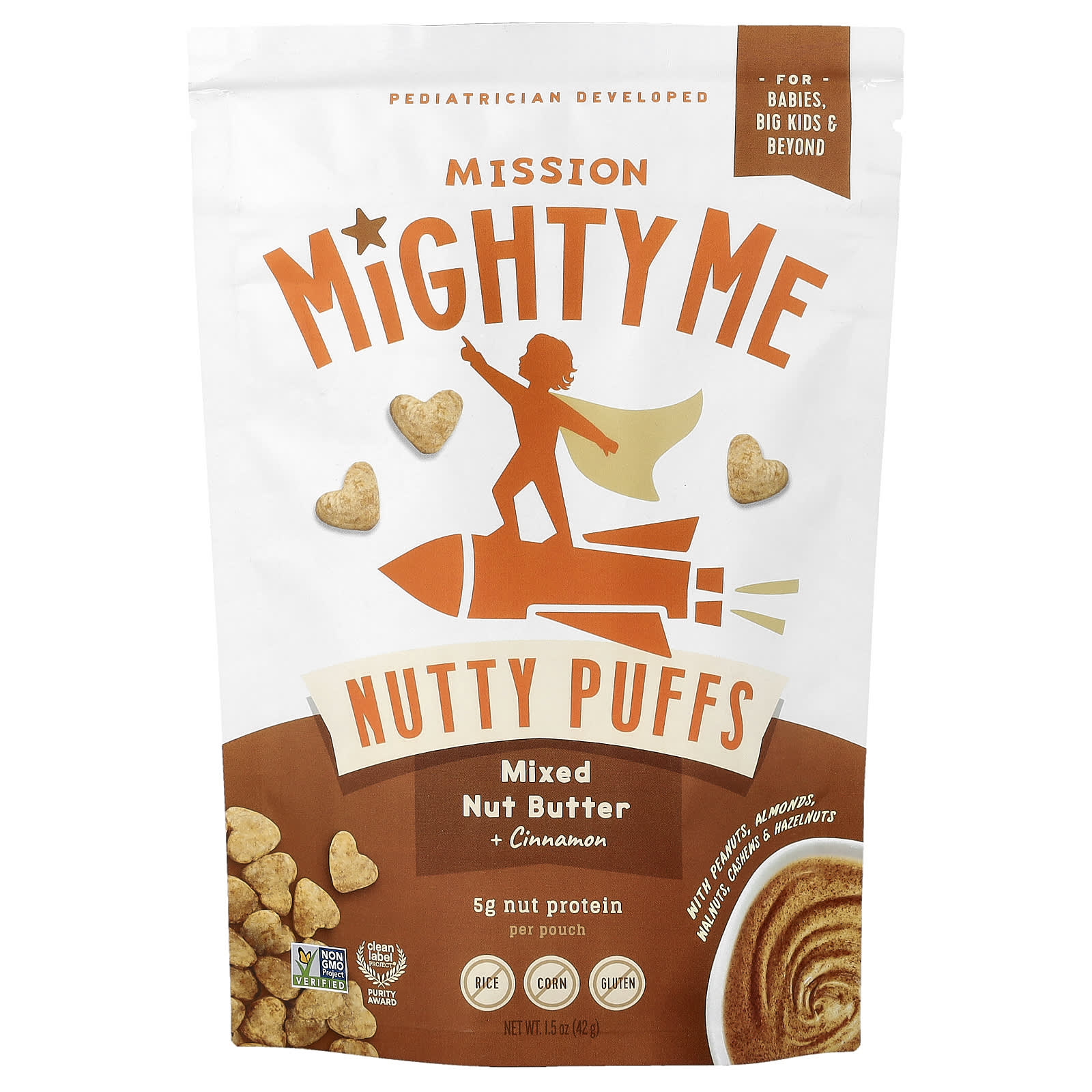 Mission MightyMe, Nutty Puffs, смешанная ореховая паста с корицей, 42 г (1,5 унции)
