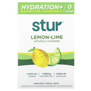 Stur, 수분 보충 + 전해질 + 항산화제 드링크 믹스, 레몬-라임 맛, 스틱 8개, 개당 4g(0.14oz)