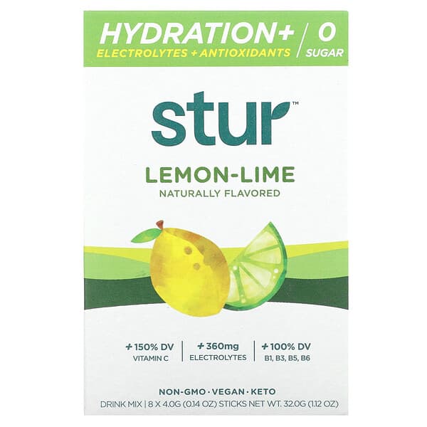 Stur Hydration + Electrolytes + Antioxidants Drink Mix, Lemon-Lime, 8 Sticks, 0.14 oz (4 g) Each