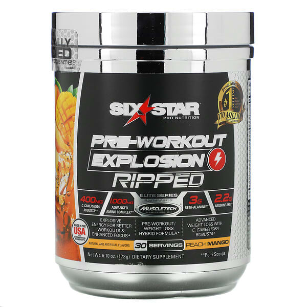 Six Star‏, Elite Series, תוסף פיצוץ טרום אימון, Ripped, מנגו אפרסק, 173 גרם (6.10 אונקיות)