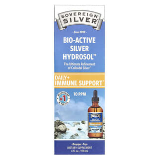 Sovereign Silver, Bio-Active Silver Hydrosol con tapa con gotero, Refuerzo para el sistema inmunitario de uso diario, 10 ppm, 118 ml (4 oz. líq.)