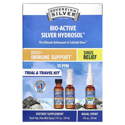 Sovereign Silver, Bio-Active Silver Hydrosol™, Daily + Immune Support, Sinus Relief, Trial & Travel Kit, 3 Piece Kit, 1 fl oz (29 ml) Each