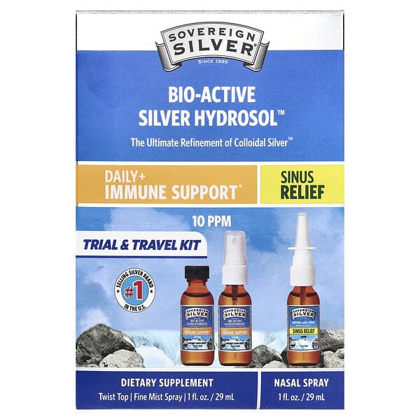 Sovereign Silver, 生物活性銀全露™，日常 + 機體抵抗幫助，鼻竇緩解，試用套裝和旅行套裝，3 件套，每套 1 液量盎司（29 毫升）