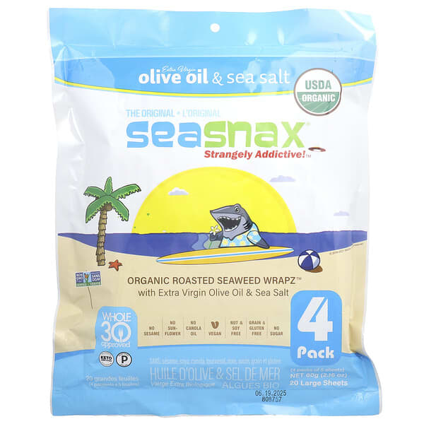 SeaSnax, Organic Roasted Seaweed Wrapz™, Olive Oil & Sea Salt, 20 Large Sheets, 2.16 oz (60 g) — product photo 1