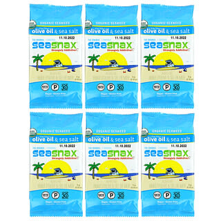 SeaSnax, Organic Seaweed, Original, Extra Virgin Olive Oil & Sea Salt, 6 Pack, 0.18 oz (5 g) Each