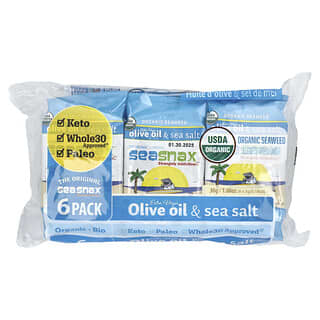 SeaSnax, Organic Seaweed, Extra Virgin Olive Oil & Sea Salt, 6 Pack, 0.18 oz (5 g) Each