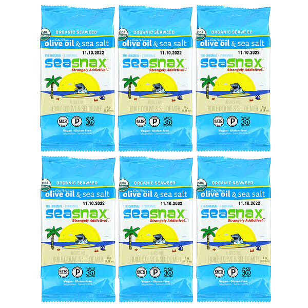 SeaSnax‏, أعشاب بحرية عضوية، أصلي، زيت زيتون بكر ممتاز وملح البحر، 6 أكياس، 0.18 أونصة (5 جم) لكل كيس