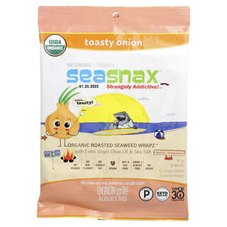 SeaSnax, Wrapz de algas tostadas orgánicas con aceite de oliva extra virgen y sal marina, Cebolla tostada, 5 láminas grandes, 15 g (0,54 oz)
