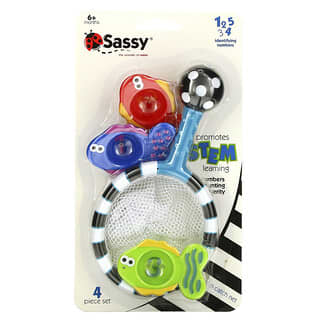 Sassy,  ألعاب الاستحمام لتطوير المهارات، شبكة الصيد والعد، للأطفال من عمر 6 أشهر فأكثر، مجموعة من 4 قطع