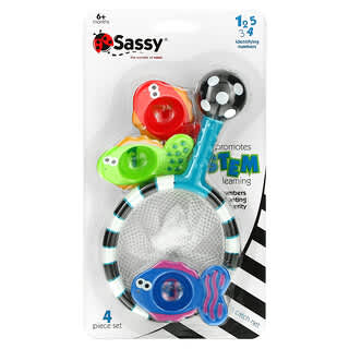 Sassy,  ألعاب الاستحمام لتطوير المهارات، شبكة الصيد والعد، للأطفال من عمر 6 أشهر فأكثر، مجموعة من 4 قطع