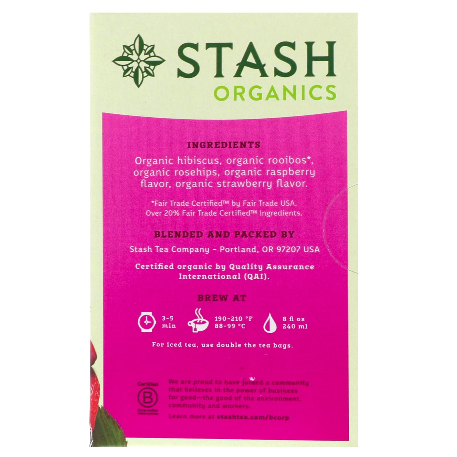 Stash Tea, Herbal Tea, Organic Very Berry, Caffeine Free, 18 Tea Bags