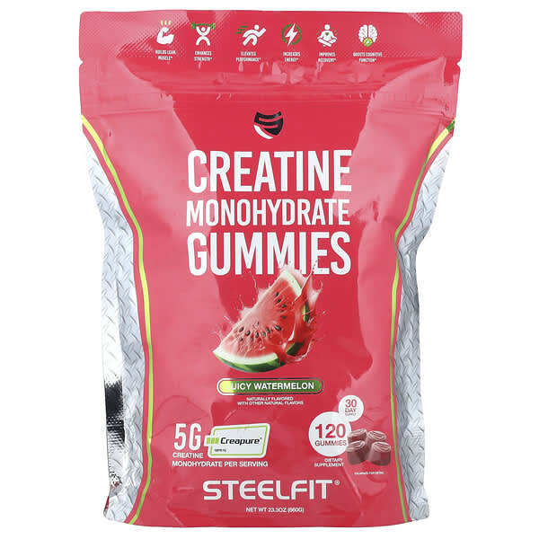 SteelFit Creatine Monohydrate Gummies, Juicy Watermelon, 120 Gummies