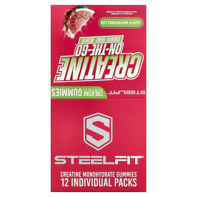 SteelFit, Creatine On-The-Go™, Creatine Monohydrate Gummies, Juicy Watermelon Flavor, 12 Packs, 0.8 oz (22 g) Each