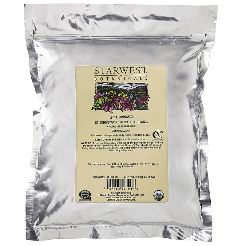 Organic St. John's Wort Herb, Cut & Shifted, 1 lb (453.6 g)
