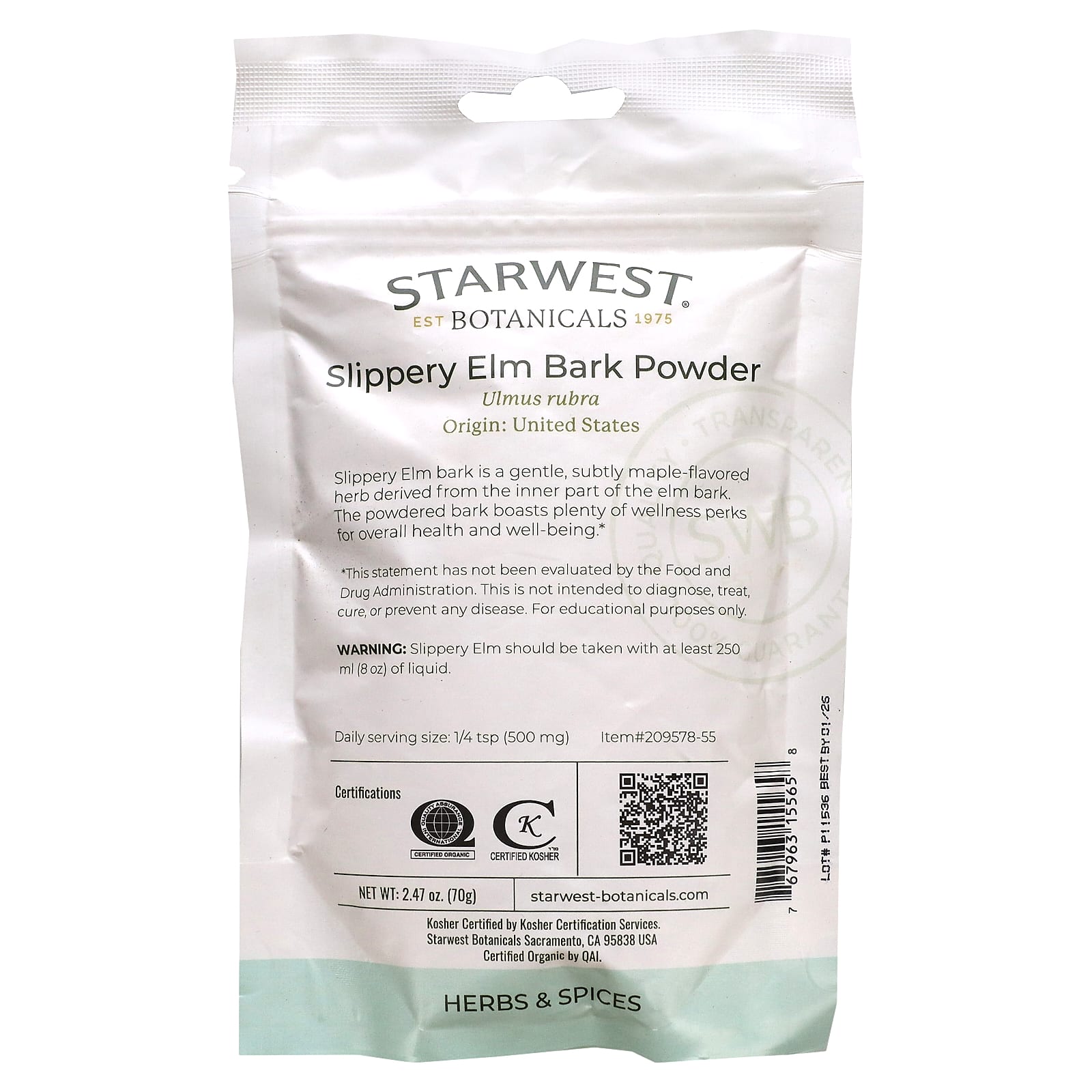 Starwest Botanicals Organic Slippery Elm Bark Powder 2 47 Oz 70 G