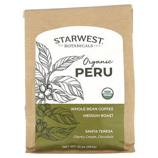 Starwest Botanicals, органический перуанский кофе, санта-тереза, цельные зерна, средняя обжарка, 283 г (10 унций)