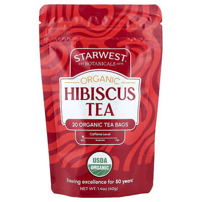 Starwest Botanicals, Organic Hibiscus Tea, Caffeine-Free, 20 Organic Tea Bags, 1.4 oz (40 g)