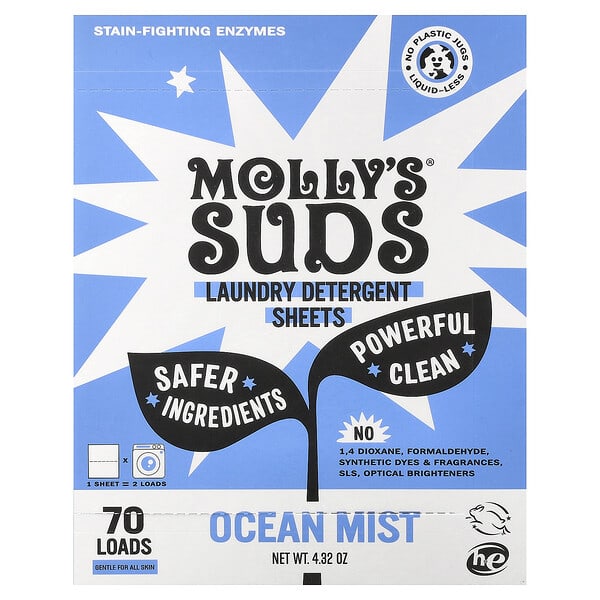 Molly's Suds, 세탁 세제 시트, 해양 미스트, 35매