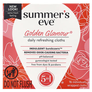 Summer's Eve, Golden Glamour, Lingettes nettoyantes 5-en-1, À emporter, 16 lingettes emballées individuellement