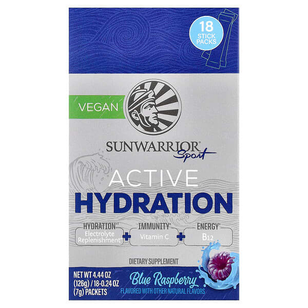Sunwarrior, Sport, Hidratación activa, Frambuesa azul, 18 sobres, 7 g (0,24 oz) cada uno