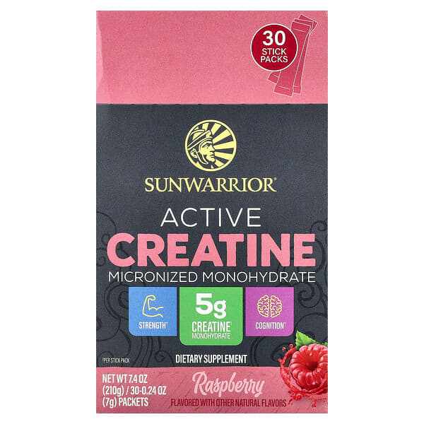 Sunwarrior, Aktivt kreatinmonohydrat, hindbær, 30 pakker, 0,24 oz (7 g) pr. stk.