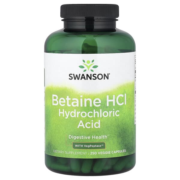 Betaine HCl Hydrochloric Acid with VegPeptase™, 250 Veggie Capsules