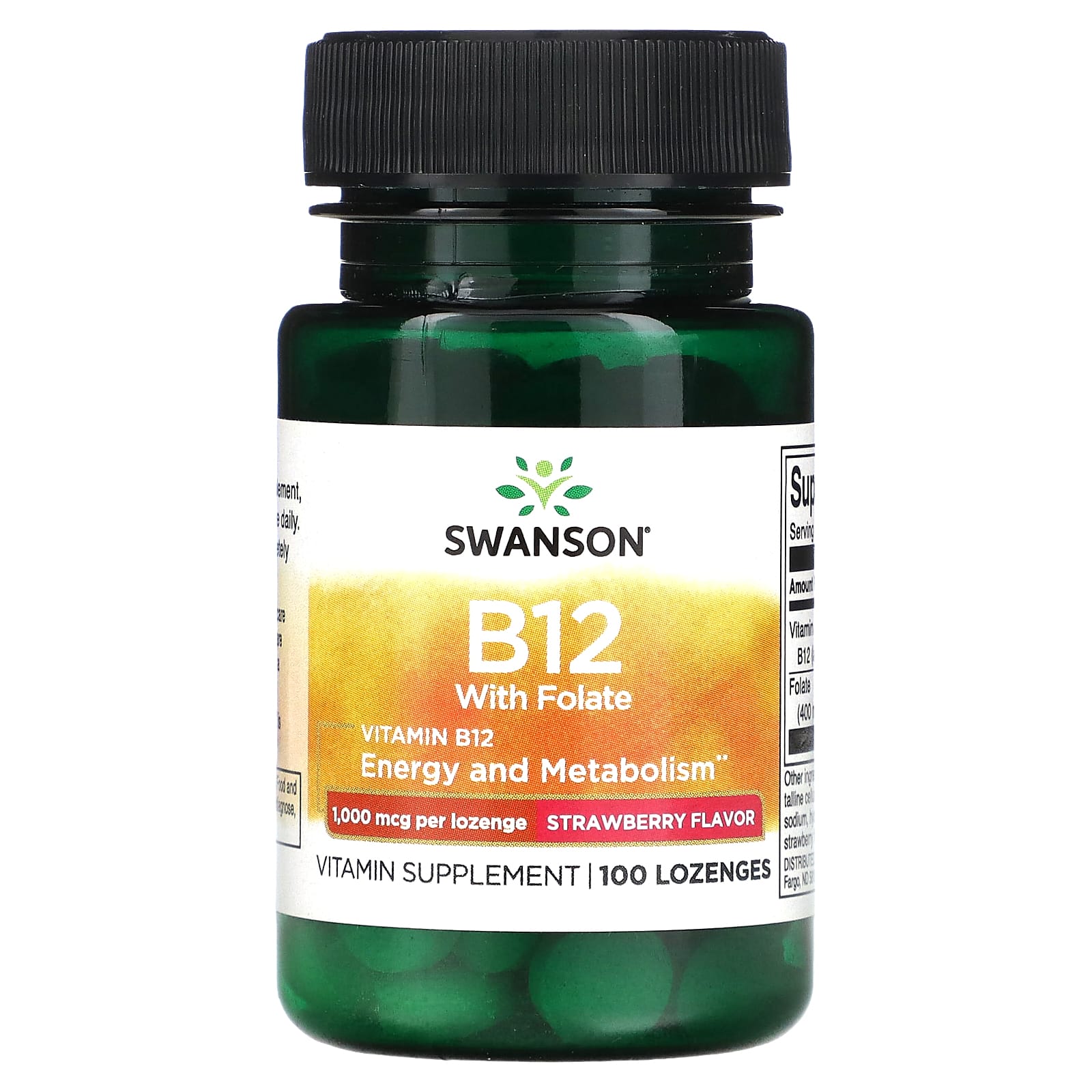 Swanson, Vitamin B12 With Folate, Strawberry, 1,000 Mcg, 100 Lozenges