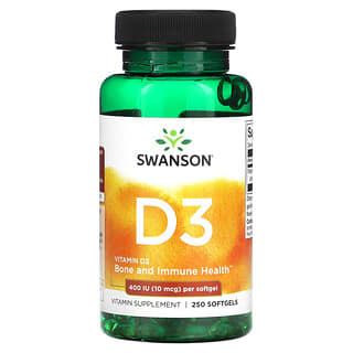 Swanson, Vitamina D3, 400 UI (10 mcg), 250 Cápsulas Softgel