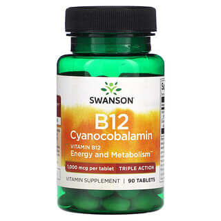 Swanson, Витамин B12, цианокобаламин, тройного действия, 1000 мкг, 90 таблеток