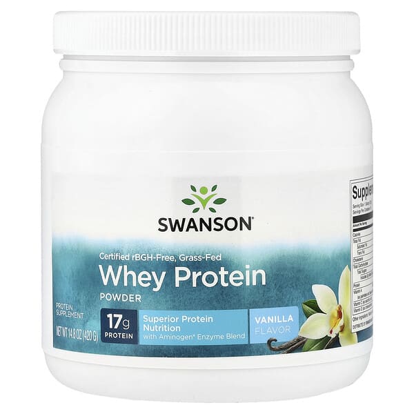 Swanson Vitamins, 인증된 rBGH 무함유, 목초 사육 유청 단백질 분말, 바닐라, 420g(14.8oz)