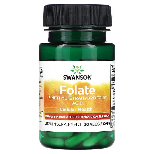 Swanson, Folato, Ácido 5-metiltetrahidrofólico, 800 mcg, 30 cápsulas vegetales