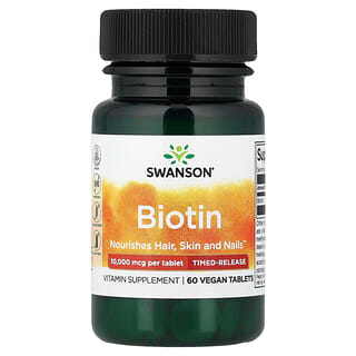 Swanson Vitamins, Биотин, временного высвобождения, 10 000 мкг, 60 веганских таблеток