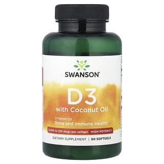 Swanson, D3, 코코넛오일 함유, 고효능, 50mcg(2,000IU), 소프트젤 60정