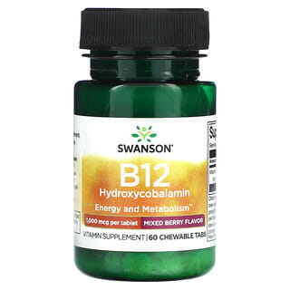 Swanson, B12 hidroxicobalamina, Bayas mixtas, 1000 mcg, 60 comprimidos masticables