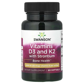 Swanson, Vitaminele D3 și K2 cu stronțiu, 25 mcg (1.000 UI), 60 capsule moi