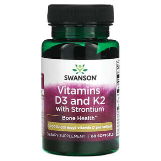 Swanson‏, ויטמינים D3 ו-K2 עם סטרונציום, 1,000 יחב"ל (25 מק"ג), 60 כמוסות רכות