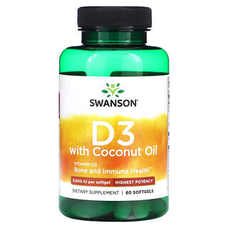 Swanson, D3 с кокосовым маслом, высочайшая эффективность, 5000 МЕ, 60 мягких таблеток