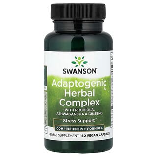 Swanson Vitamins, адаптогенный травяной комплекс с родиолой, ашвагандой и женьшенем, 60 веганских капсул