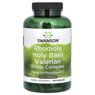 Swanson, Complejo antiestrés de Rhodiola, albahaca sagrada, valeriana, 180 cápsulas