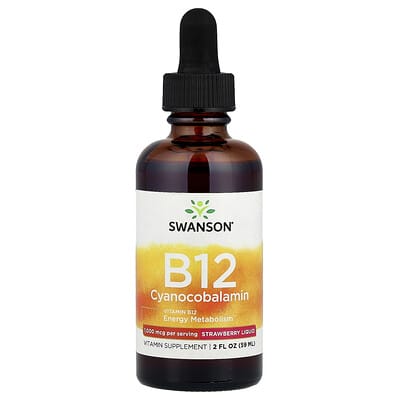 Swanson, B12 Cyanocobalamin Liquid, Strawberry Flavor, 2 fl oz (59 ml)