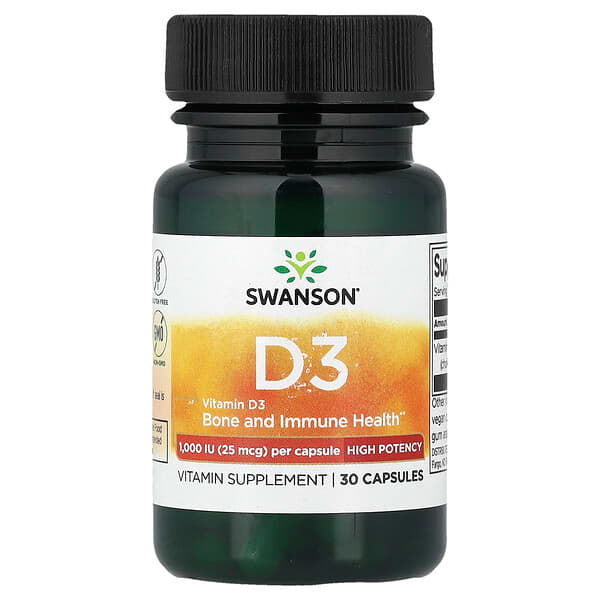 Swanson Vitamins, Vitamin D3, 25 mcg (1,000 IU), 30 Capsules — product photo 1