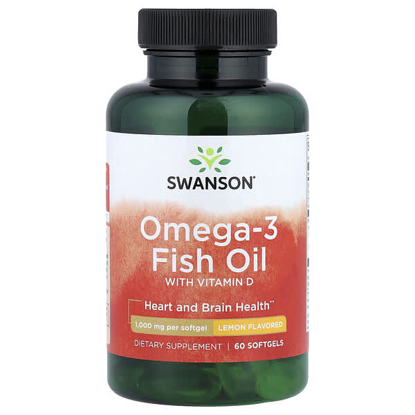 Swanson Omega-3 Fish Oil with Vitamin D, Lemon, 60 Softgels