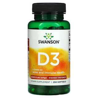 Swanson, فيتامين د 3 ، للعظام والمناعة ، أعلى فعالية ، 5،000 وحدة دولية ، 250 كبسولة هلامية