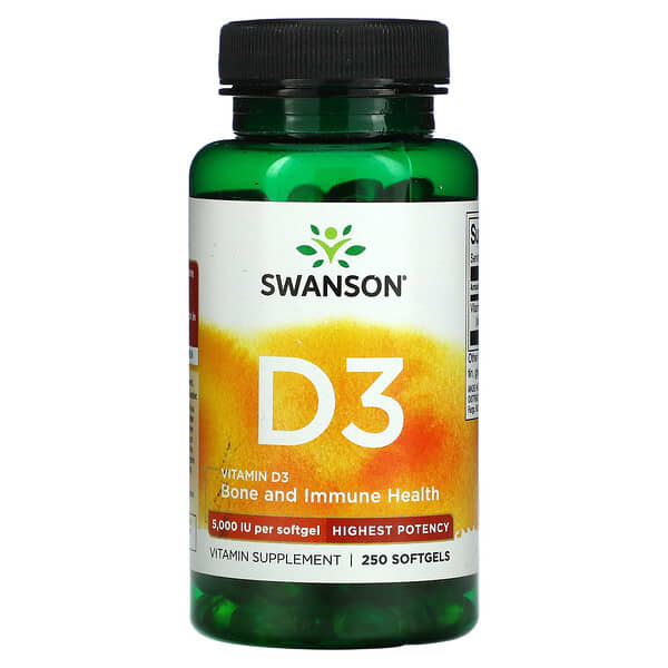 Swanson (سوانسون)‏, فيتامين د 3 ، للعظام والمناعة ، أعلى فعالية ، 5،000 وحدة دولية ، 250 كبسولة هلامية