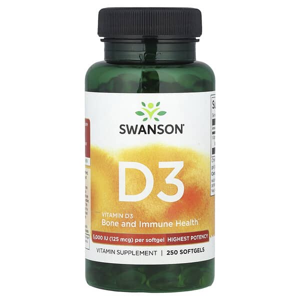 Swanson, 維生素 D3，優效，125 微克（5,000 國際單位），250 粒軟凝膠