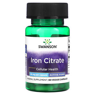 Swanson, Citrato de hierro, Forma activa, 25 mg, 60 cápsulas vegetales