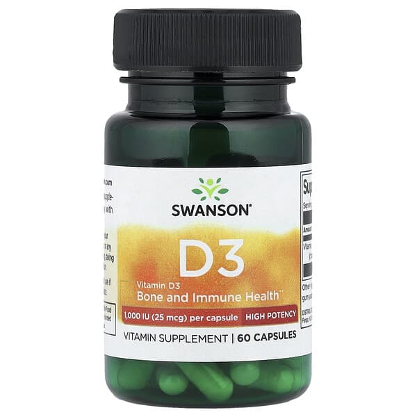 Swanson Vitamin D3, High Potency, 25 mcg (1000 IU), 60 Capsules